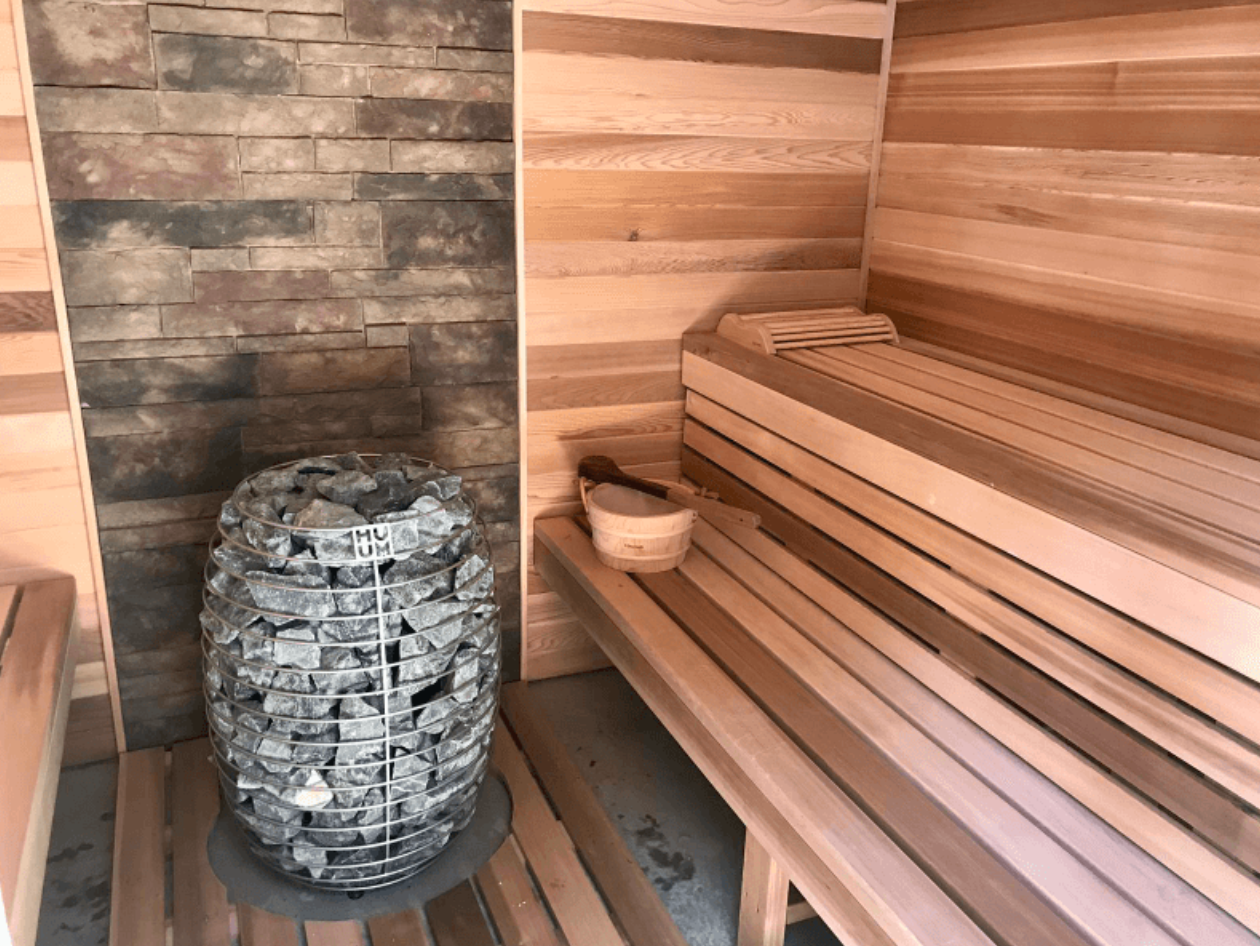 Custom Indoor Cedar Sauna Kit. Electric Sauna Heater. High Sauna Stone Capacity. Traditional Dry Sauna.