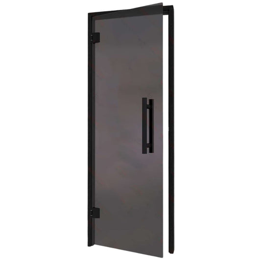 Black frame and dark sauna door left side.