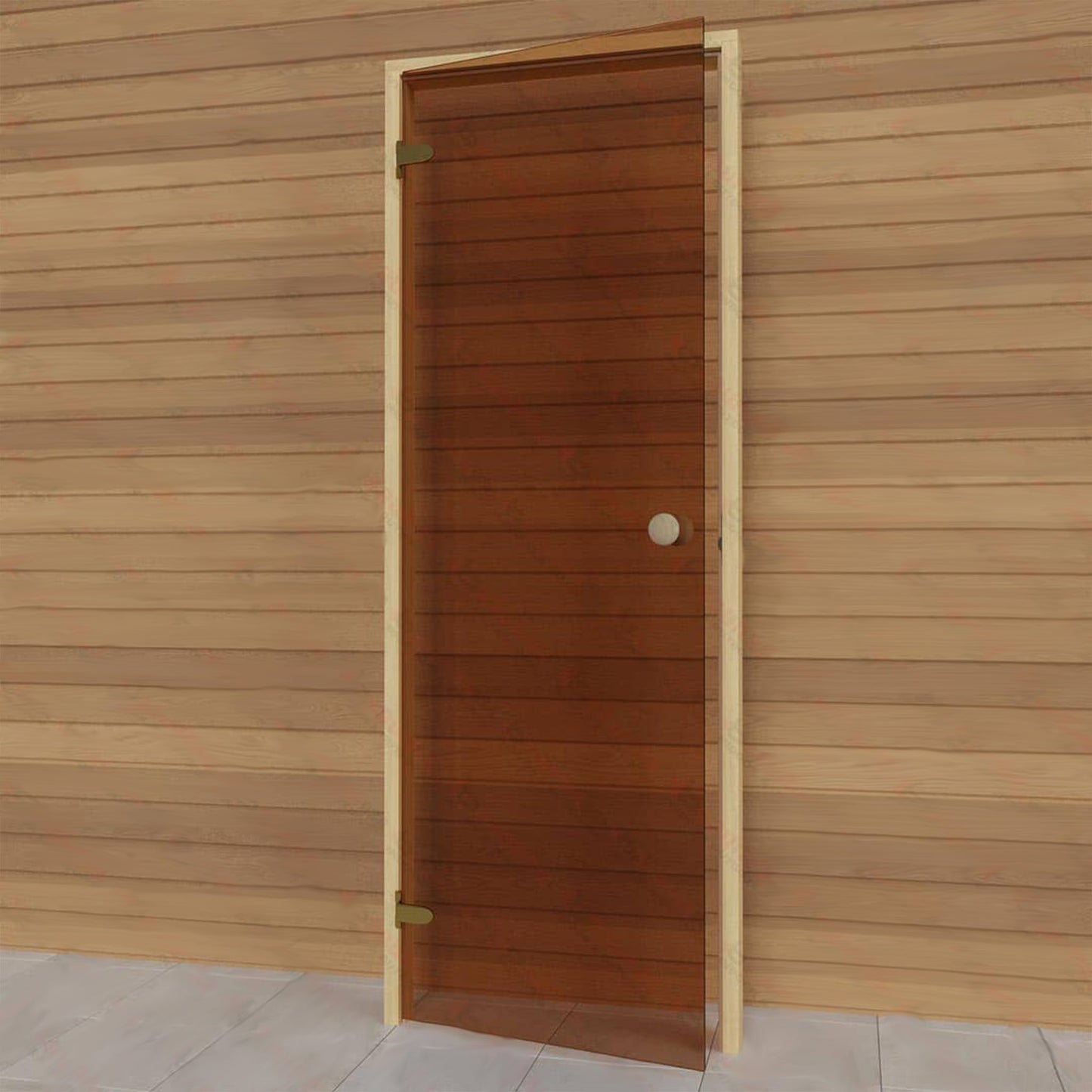 Left side sauna bronze glass door. Elu Saunas and Cold Tubs.