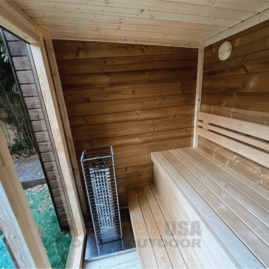 View of interior of outdoor sauna cabin. 